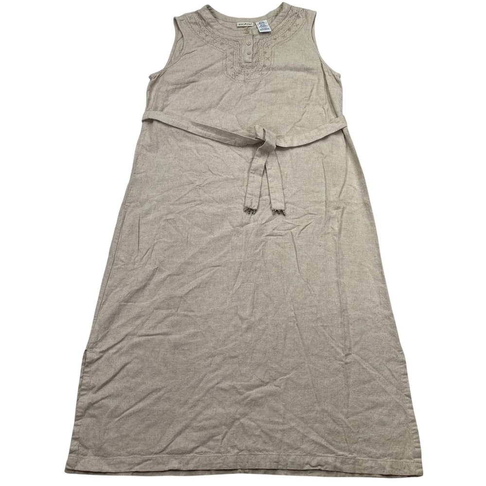 White Stag Maxi Dress Women L Natural Linen Blend Embroidered Sleeveless